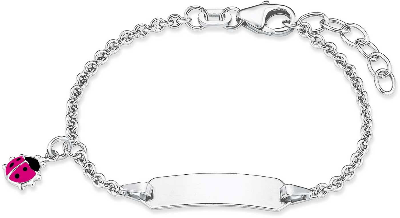 Silvrigt ID-armband med länkkedja och nyckelpigeberlock, med låsplatta