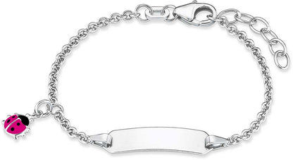 Silvrigt ID-armband med länkkedja och nyckelpigeberlock, med låsplatta