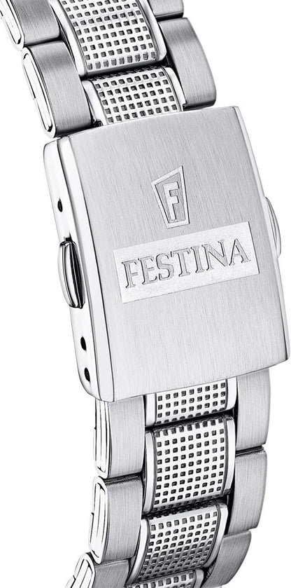 Klockfodral med FESTINA-logotyp och silverfärgat metallarmband