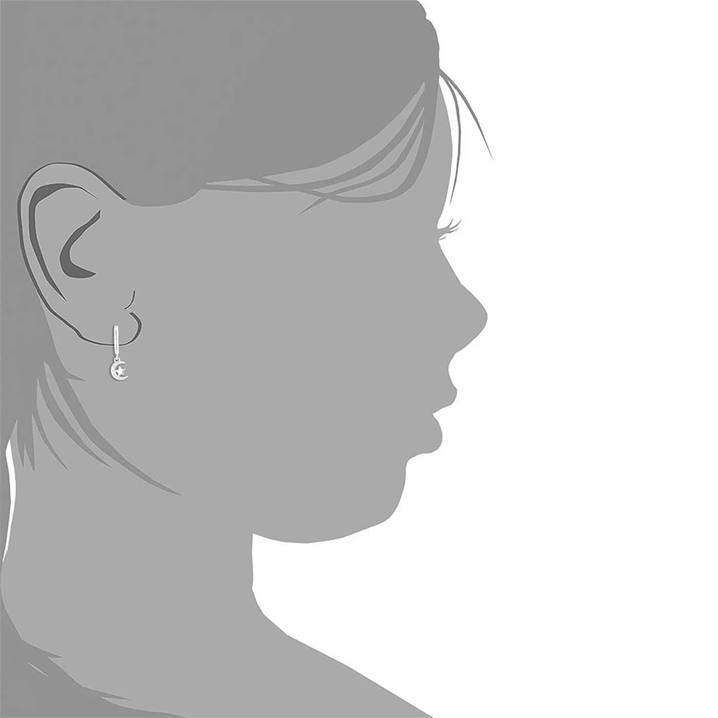 Örhängen för damprofil, silverfärgad måne med stjärnor, liten hängande berlock