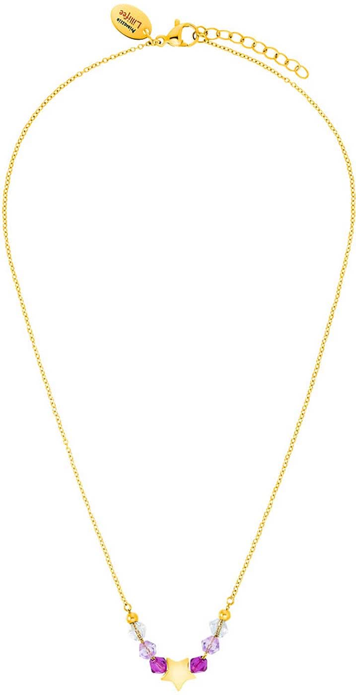 Gyllene halsband med lila pärlor och gul stjärnhänge, kedjelås