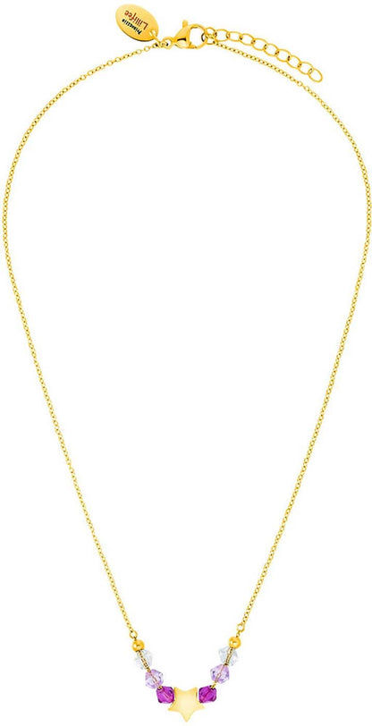 Gyllene halsband med lila pärlor och gul stjärnhänge, kedjelås