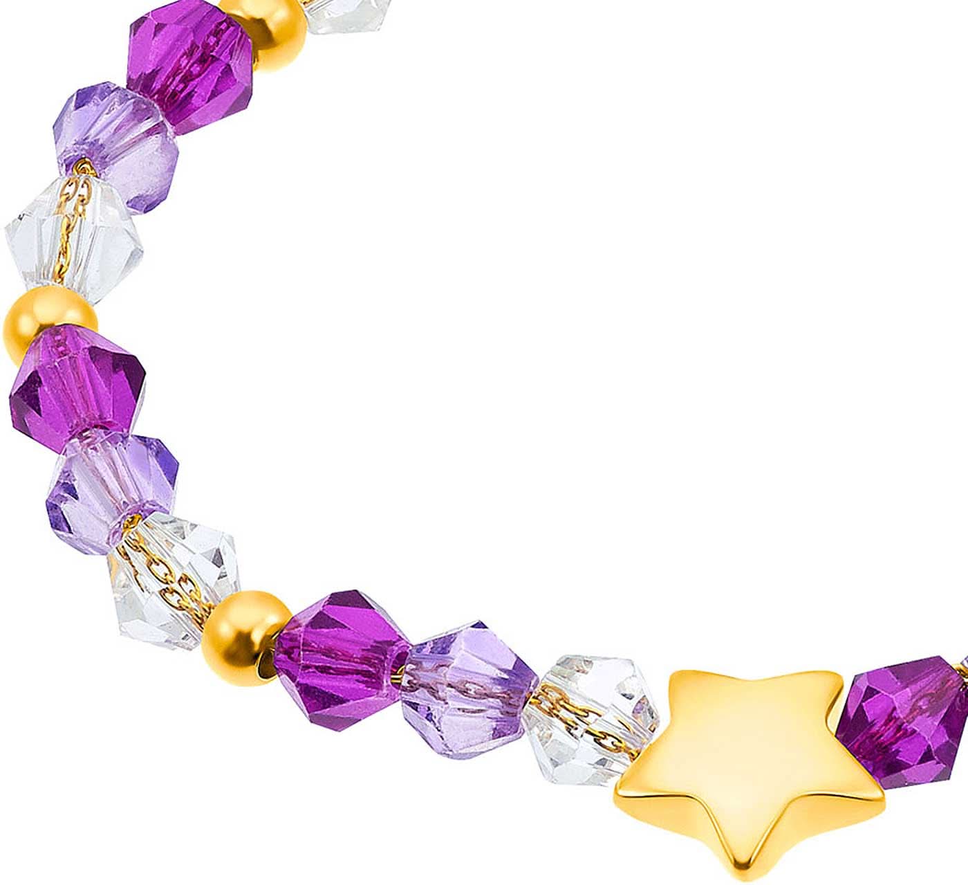 Armband med lila och klara glaspärlor samt guldfärgad stjärnpärla, detaljvy