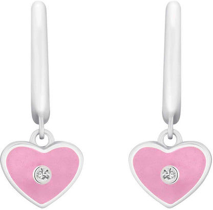 Hjärtformade örhängen med rosa emalj, silverfärgad kant och gnistrande sten