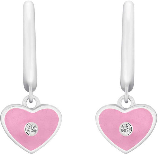 Hjärtformade örhängen med rosa emalj, silverfärgad kant och gnistrande sten