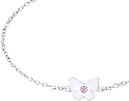 "Armband i silverfärg med större fjärilshänge med rosa sten"