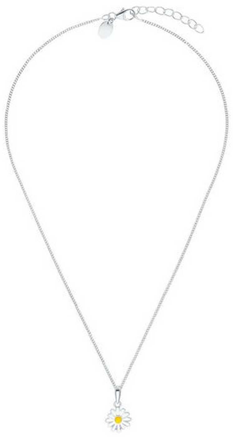Halsband med fin silverfärgad kedja och liten prästkrageberlock med gult centrum