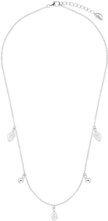 Halsband med fin silverkedja och droppformad pärlberlock, flera kulberlocker