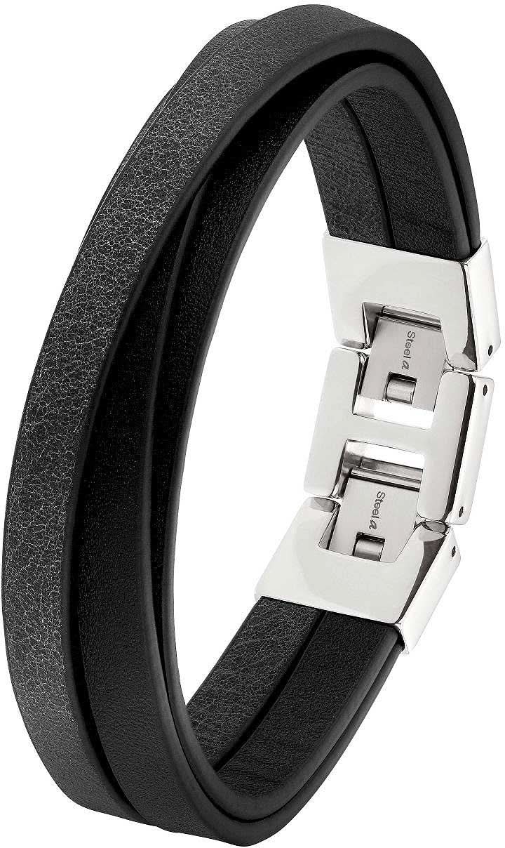 Flerradigt läderarmband, svart läder, silverfärgat spänne