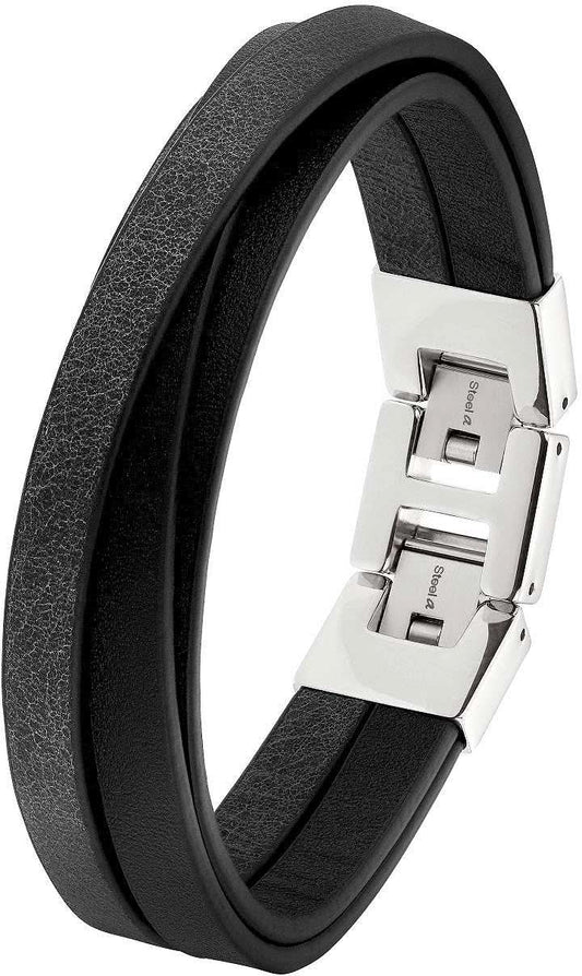 Flerradigt läderarmband, svart läder, silverfärgat spänne