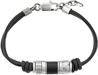 Läderarmband med svarta pärlskivor och metallelement, kedjelås