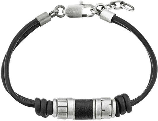 Läderarmband med svarta pärlskivor och metallelement, kedjelås