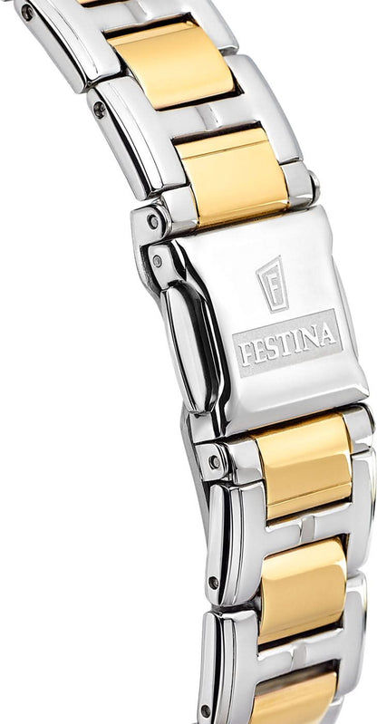 Damklocka i sidovy med tvåfärgat metallarmband och guldfärgade länkytor