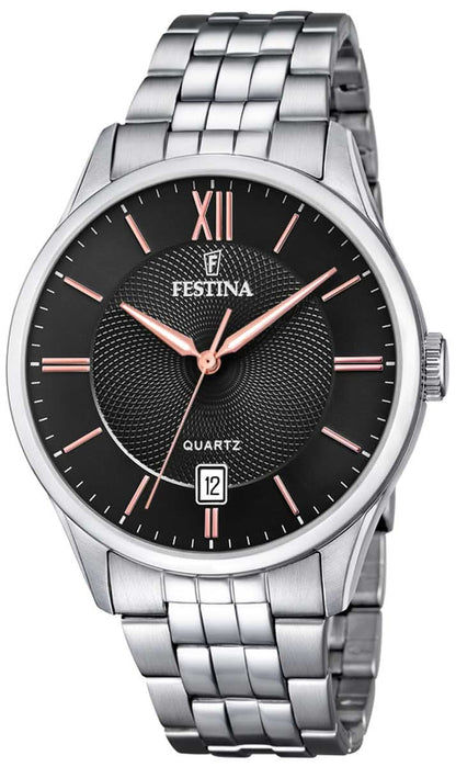 Festina herrarmbandsur med rostfritt stålband, svart urtavla och tidsvisning