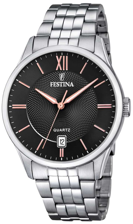 Festina herrarmbandsur med rostfritt stålband, svart urtavla och tidsvisning