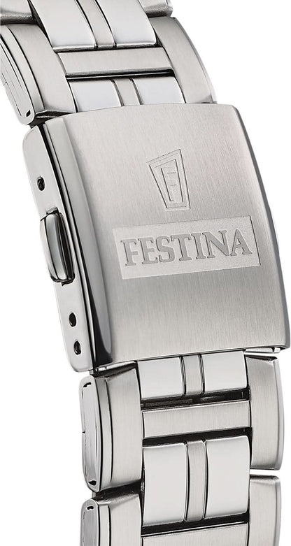 Rostfritt stålspänne med FESTINA-gravyr och klockboett, synliga bandhorn