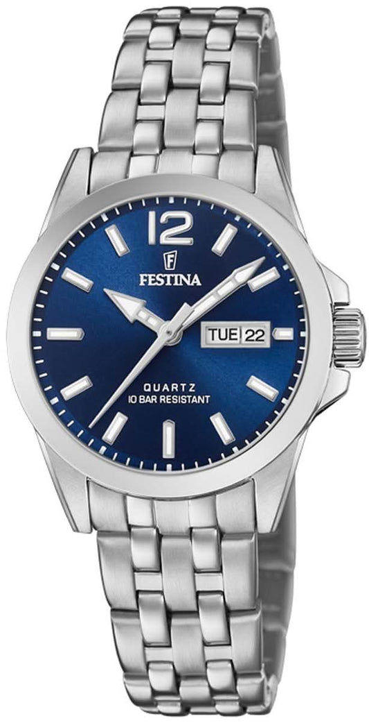 Festina damklocka med blå urtavla och armband i rostfritt stål, tidvisning