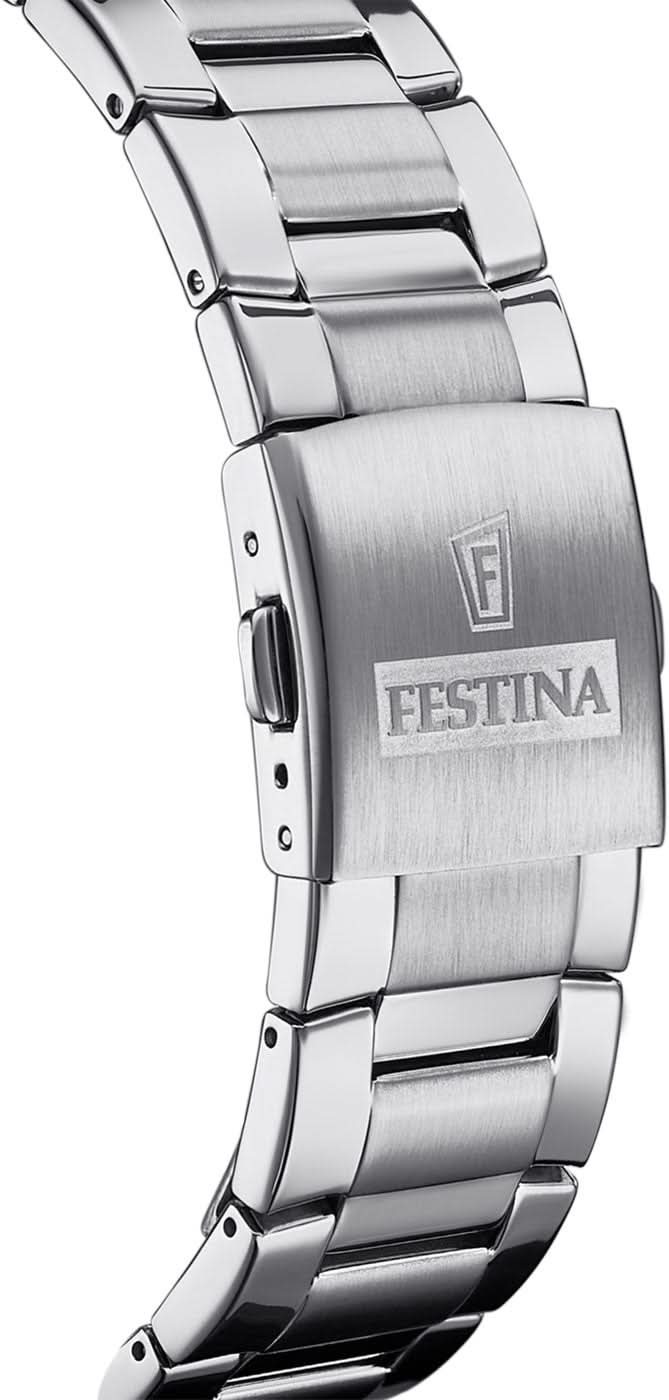 Armband i rostfritt stål med viklås och Festina-logotyp, sidovy av klockan