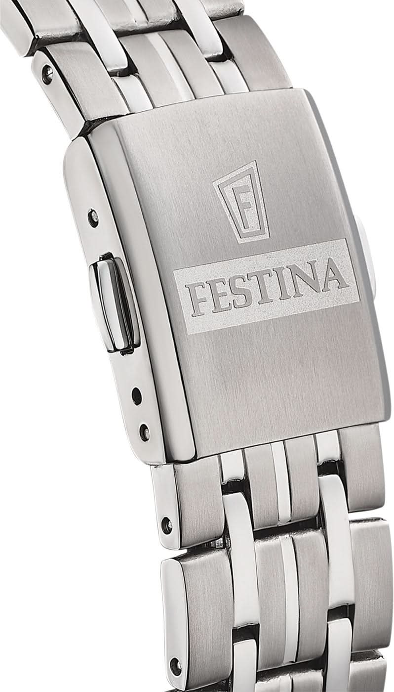 Damklocka med boett i rostfritt stål och gravyr samt metallarmband, spänne på sidan