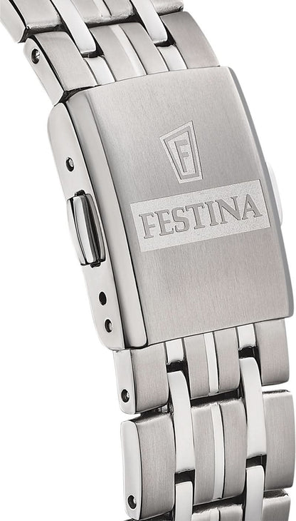 Damklocka med boett i rostfritt stål och gravyr samt metallarmband, spänne på sidan