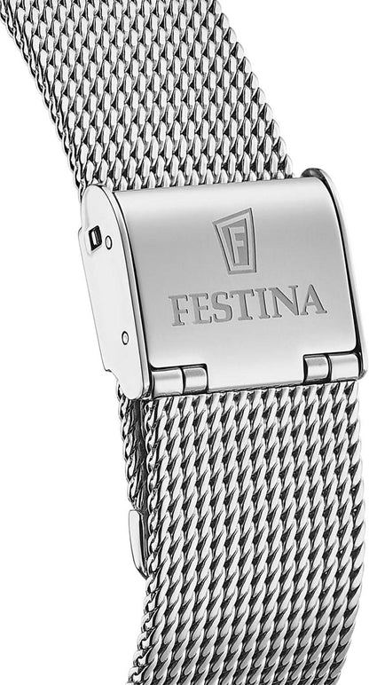 "Festina damklocka med armband i rostfritt stål och smalt spänne med logotyp"