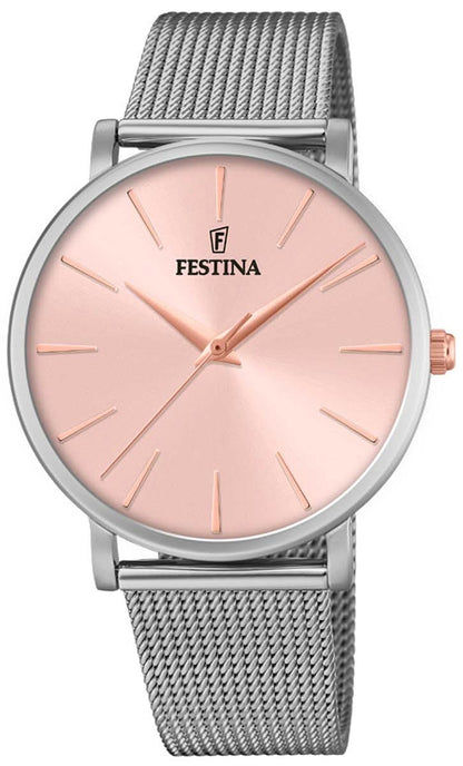"Festina damklocka med rosafärgad urtavla och meshband i rostfritt stål"