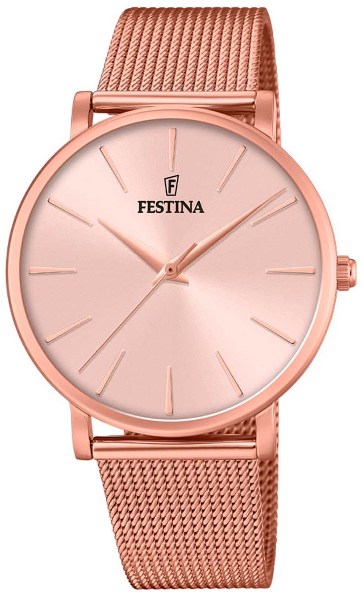 Festina damklocka med roséfärgat mesharmband och rund urtavla i rosa