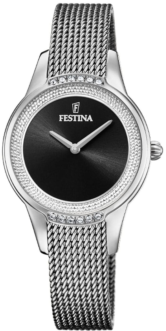 "Festina damklocka med svart urtavla och silverfärgat meshband i rostfritt stål"