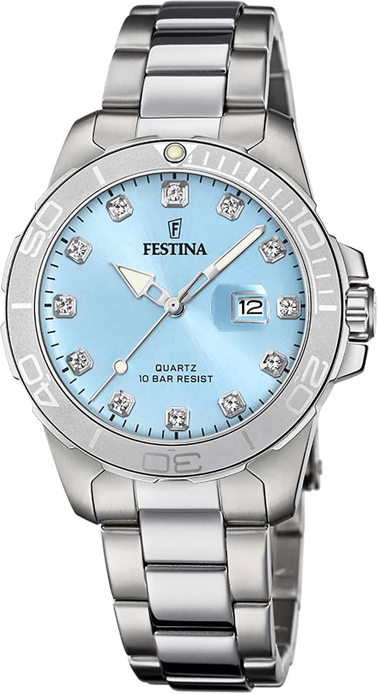 Festina damklocka med blå urtavla, romerska siffror och silverfärgat metallarmband