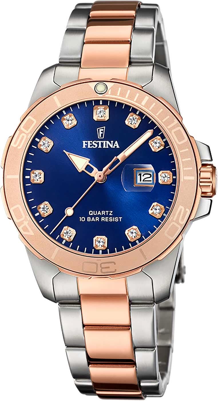 Damklocka med blå urtavla, armband i roséguldfärgat rostfritt stål och datumvisning