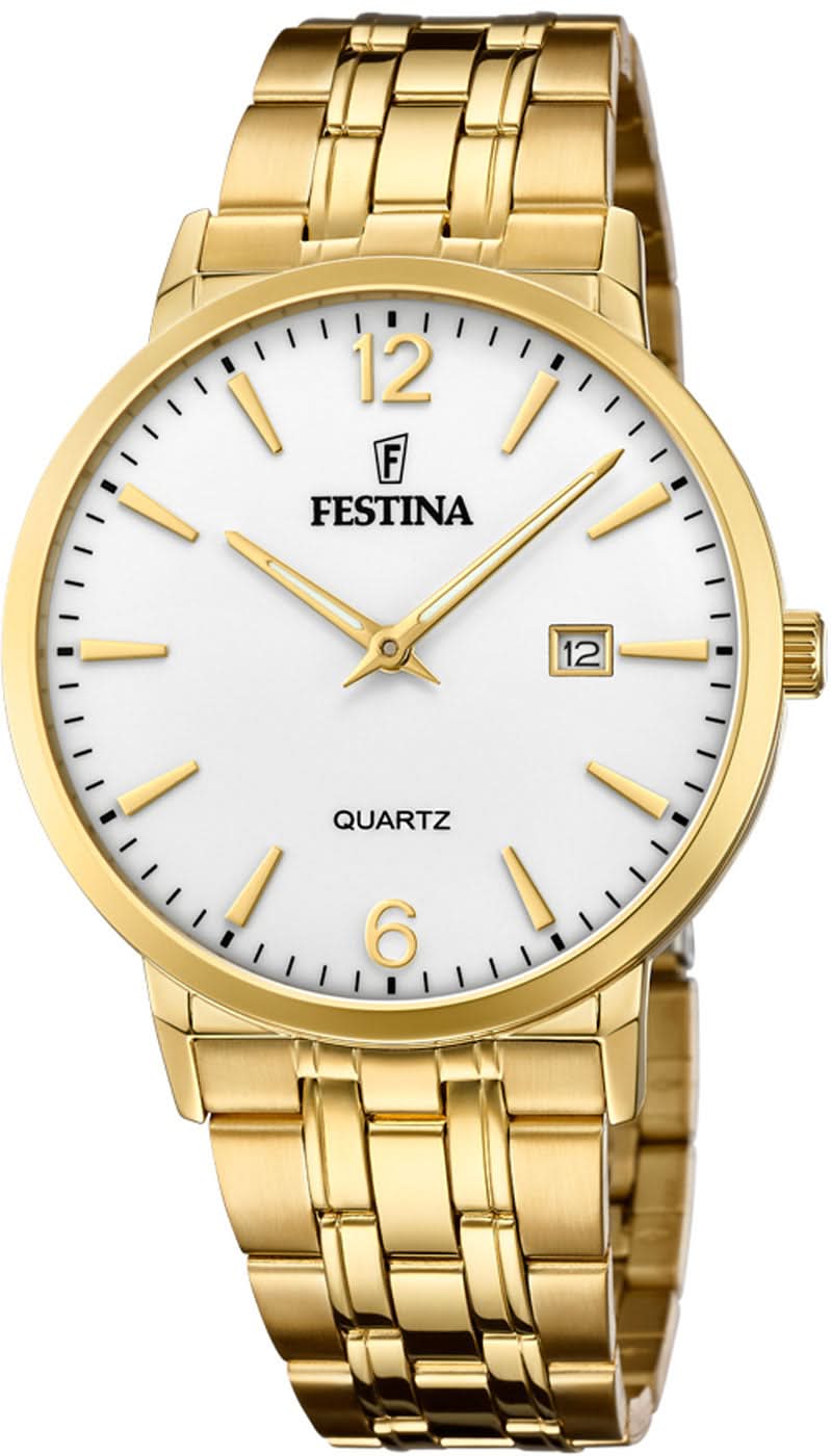 Festina herrklocka med guldfärgat armband i rostfritt stål och vit urtavla, kvartsurverk