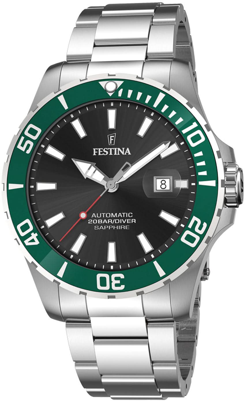 Festina herrarmbandsur med grön urtavla, automatisk, rostfritt stålband, safirglas