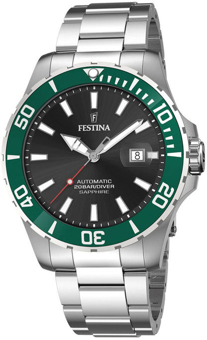 Festina herrarmbandsur med grön urtavla, automatisk, rostfritt stålband, safirglas