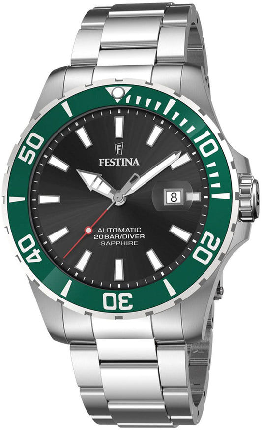 Festina herrarmbandsur med grön urtavla, automatisk, rostfritt stålband, safirglas