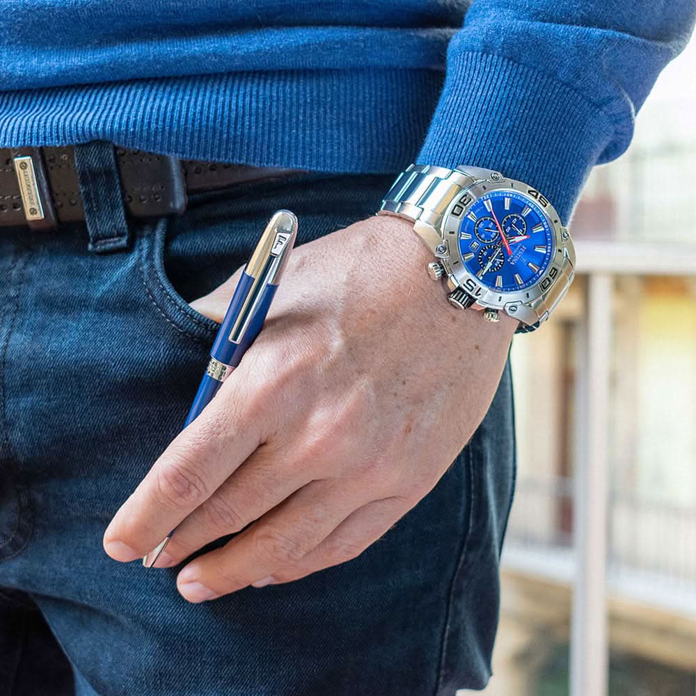 Armbandsur för män, kronograf, med blå urtavla och armband i rostfritt stål