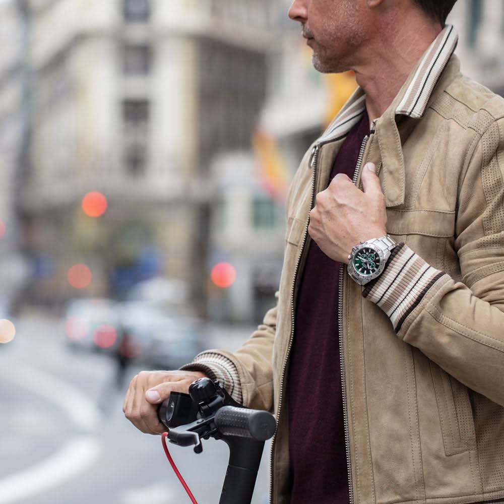 Herrarmbandsur med grön urtavla på handleden, armband i rostfritt stål för vardagsbruk