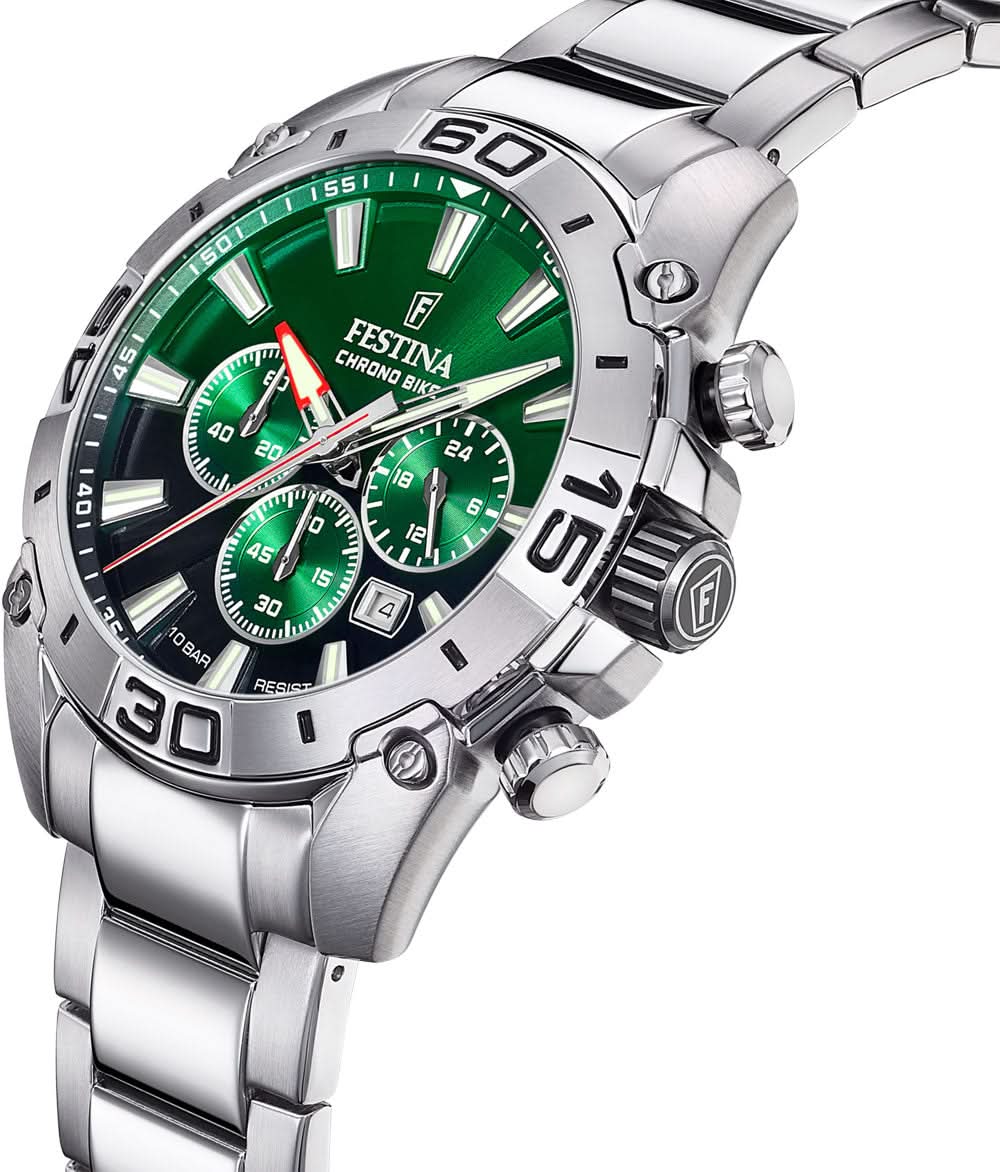Chronograf för herrar med grön urtavla, boett i rostfritt stål och metallarmband