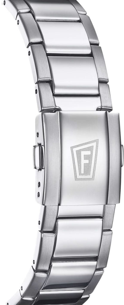 Klockarmband för herrar i rostfritt stål med spänne, baksida med F1-emblem.