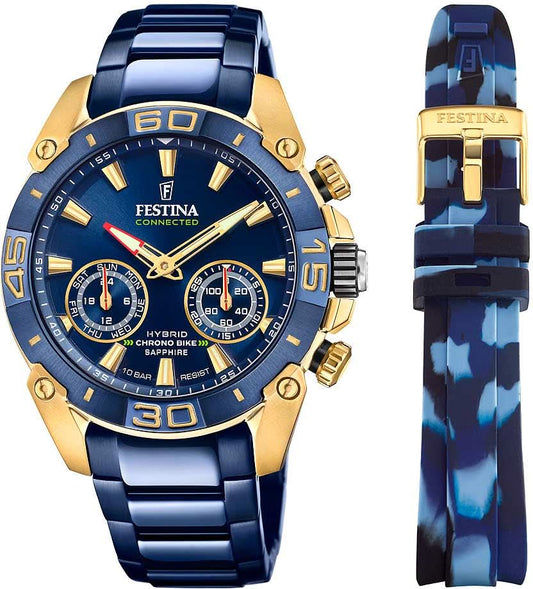 Festina herrklocka med blå urtavla, guldfärgad boettring och kronograf, blått armband