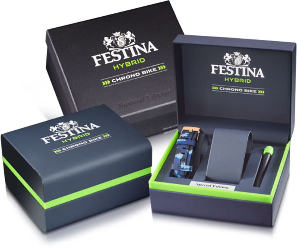 Festina Hybrid Chrono Bike-förpackning med lådor och grön accent