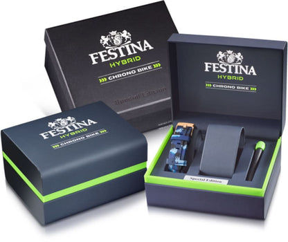 Festina Hybrid Chrono Bike-förpackning med lådor och grön accent