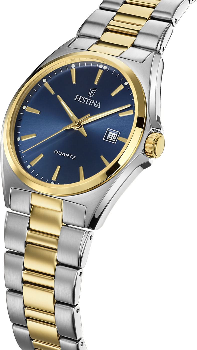 Bicolor herrklocka med blå urtavla, metallarmband och rund boett