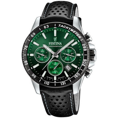 Męski zegarek Festina typu chronograf z czarnym skórzanym paskiem i zieloną tarczą z tachymetrem