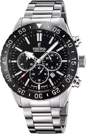 Festina herrur med svart urtavla, kronografdesign och metallarmband