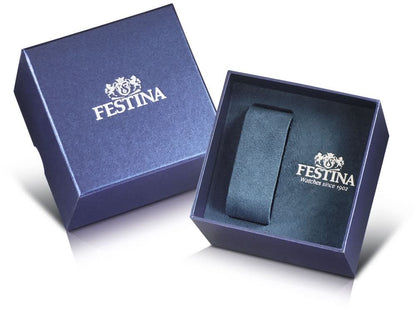 Klockbox-set, blå förpackning med FESTINA-logotyp, öppen box med grått armband