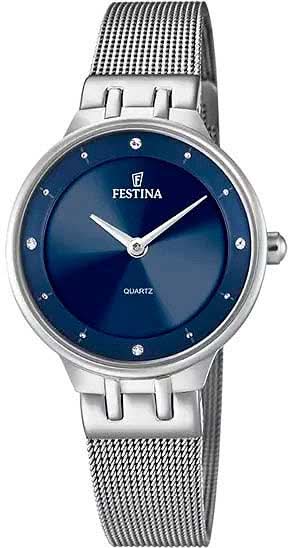 Damklocka med blå urtavla och silverfärgat mesharmband, Festina, kvartsur