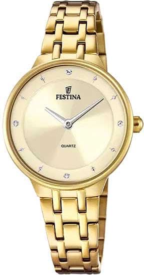 Festina damklocka med guldfärgad urtavla och länkarmband i rostfritt stål, analog