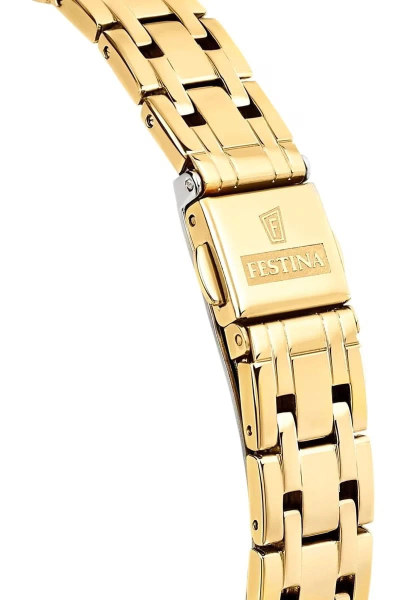 Festina damklocka med guldfärgat meshband, detalj på spännet med logotyp