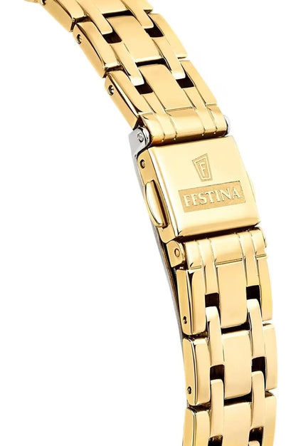Festina damklocka med guldfärgat meshband, detalj på spännet med logotyp