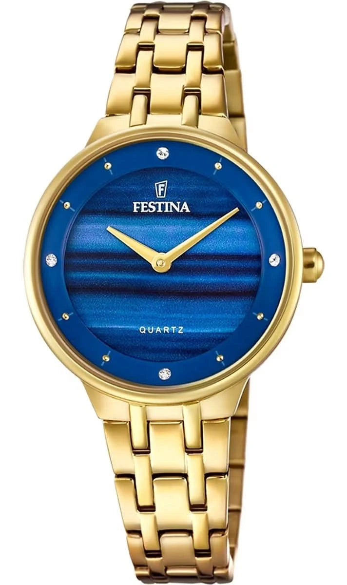 Festina damklocka med gyllene Milanese-band och blå urtavla, kvarts